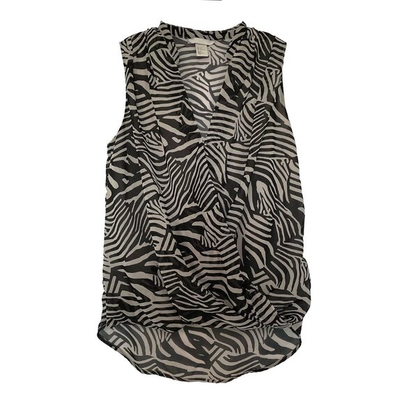 H&M Black and Grey Zebra Print Mock Wrap Sleeveless Blouse Top Size 4 - Picture 3 of 10